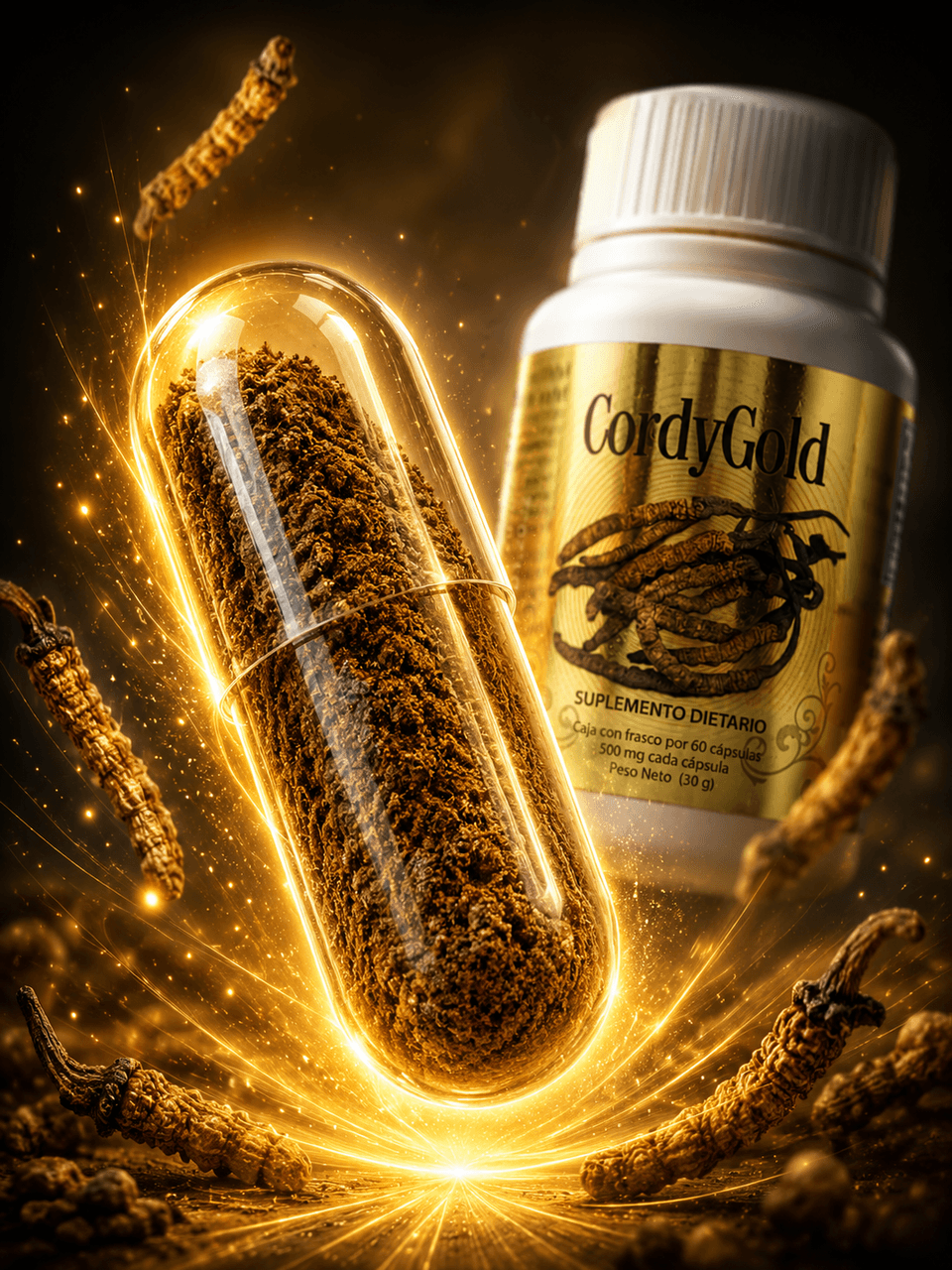 CordyGold — Cordyceps en cápsula iluminada